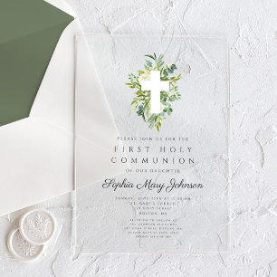 Invitations En Acrylique Croix botanique verte élégante pour première commu