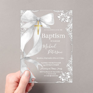 Invitations En Acrylique Croix de baptême en dentelle dorée avec nœud blanc