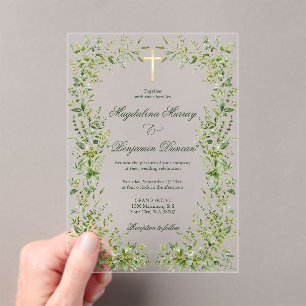Invitations En Acrylique Croix de mariage chrétienne de verdure de jardin d