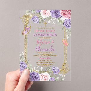 Invitations En Acrylique Croix d'or rose violet Floral Première communion s