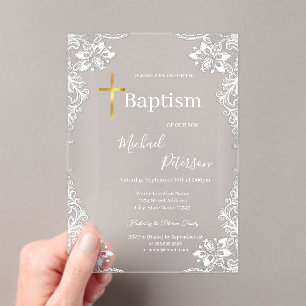 Invitations En Acrylique Croix dorée en dentelle Baptême Bleu poussiéreux 