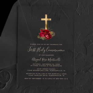 Invitations En Acrylique Croix dorée Fleurs rouges Floral Texte doré Premiè
