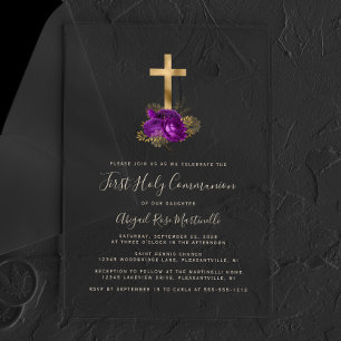 Invitations En Acrylique Croix dorée Fleurs violettes Texte doré Première c