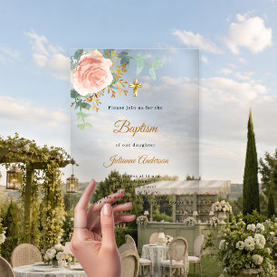Invitations En Acrylique Croix dorée florale rose baptême luxe clair