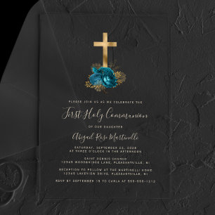 Invitations En Acrylique Croix dorée Texte Turquoise Floral Première Commun