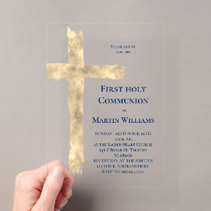 Invitations En Acrylique croix en feuille métallique de première communion