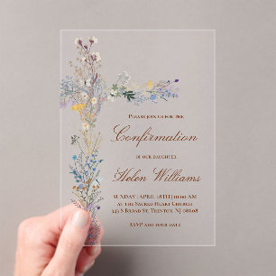 Invitations En Acrylique Croix florale de confirmation