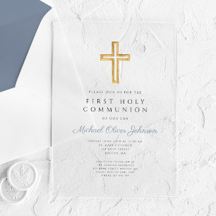 Invitations En Acrylique Croix religieuse bleu poussiéreux Garçon Première