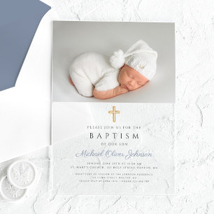 Invitations En Acrylique Croix Religieuse Bleu Poussiéreux Photo de Garçon