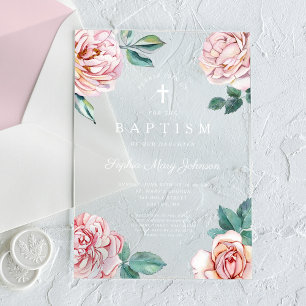 Invitations En Acrylique Croix Religieuse Florale Rose Élégante Fille Baptê