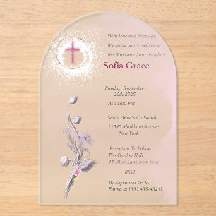 Invitations En Acrylique Croix rose douce & Fille florale Baptême Invitat I