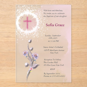 Invitations En Acrylique Croix rose douce & Fille florale Baptême Invitat I