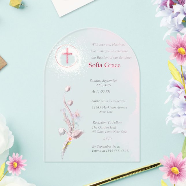 Invitations En Acrylique Croix rose douce & Fille florale Baptême Invitat I (Créateur téléchargé)