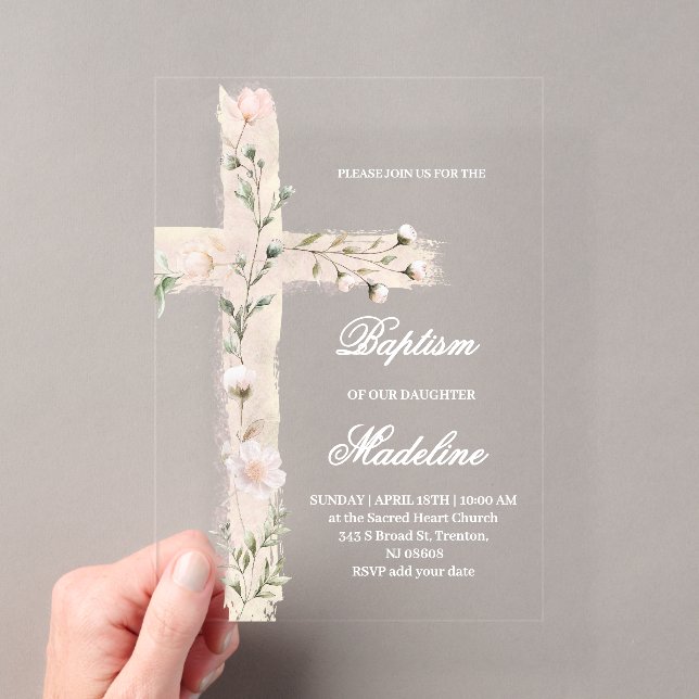 Invitations En Acrylique croix sainte florale Baptême (In situ (ordinateur de poche))