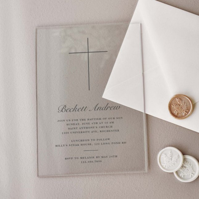 Invitations En Acrylique Croix simple en or Script Baptême (Elegant, simple cross minimal acrylic baptism invitations.)