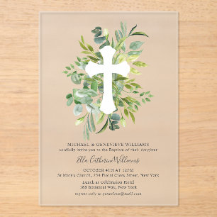 Invitations En Acrylique Croix végétale florale Baptême