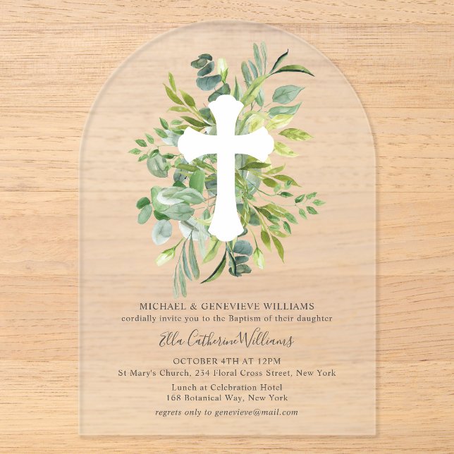 Invitations En Acrylique Croix végétale florale Baptême (Recto)