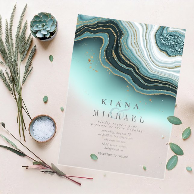 Invitations En Acrylique Crystal Agate Mariage Turquoise Transparent ID825 (Créateur téléchargé)