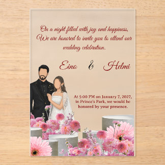 Invitations En Acrylique Custom Couple Floral WI.–Pink Flowers &Script Font