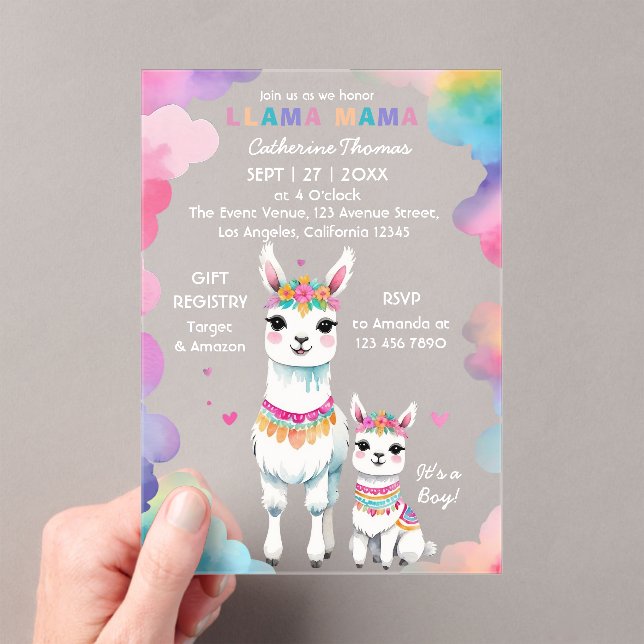 Invitations En Acrylique Cute aquarelle Llama Mama Baby shower mexicain (In situ (ordinateur de poche))
