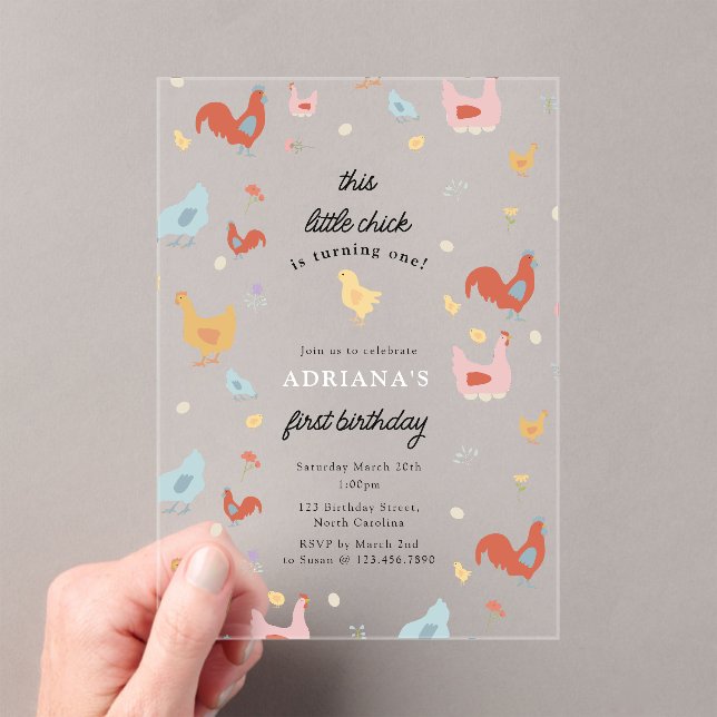 Invitations En Acrylique Cute Chickens Hens and Chick Girl First Birthday (In situ (ordinateur de poche))