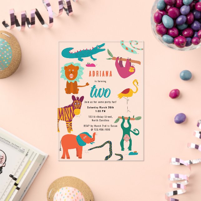 Invitations En Acrylique Cute Colorful Animaux Abstraits Parti Anniversaire (Insitu (Célébration))