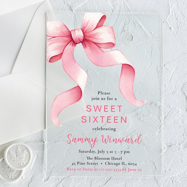 Invitations En Acrylique Cute Coquette Rose Sweet sixteen Bow (Créateur téléchargé)