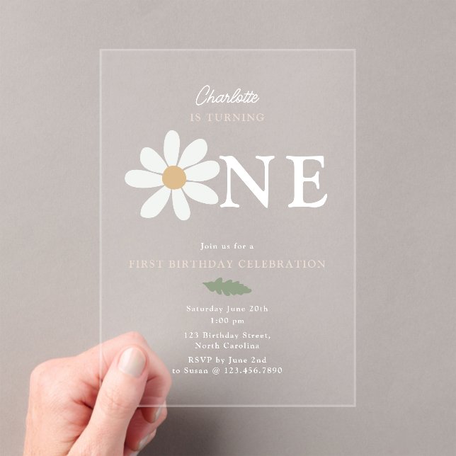 Invitations En Acrylique Cute Daisy Flower 1st Birthday Girl Pink (In situ (ordinateur de poche))