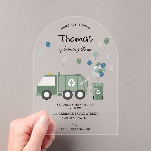 Invitations En Acrylique Cute Green Recycling Camion Boys Véhicules Anniver (In situ (ordinateur de poche))
