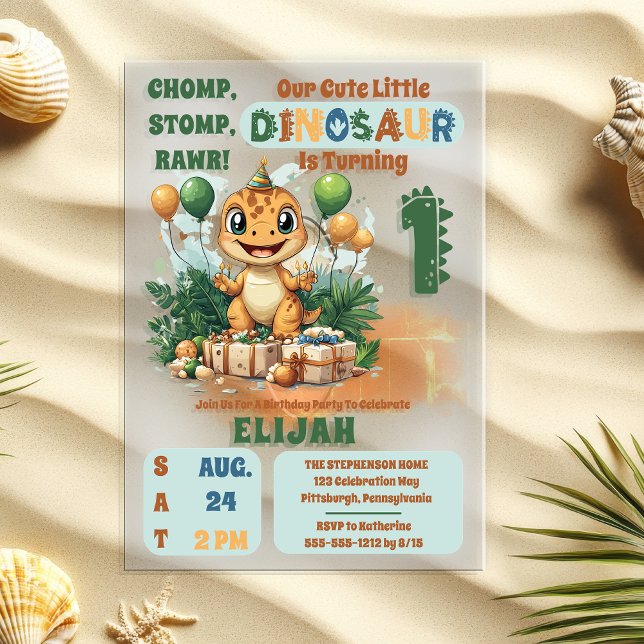Invitations En Acrylique Cute Little Dinosaur Garçon 1ère fête d'anniversai ("Chomp, Stomp, Rawr!" "Our Cute Little Dinosaur Is Turning 1" 1st Birthday Party Acrylic Invitation)