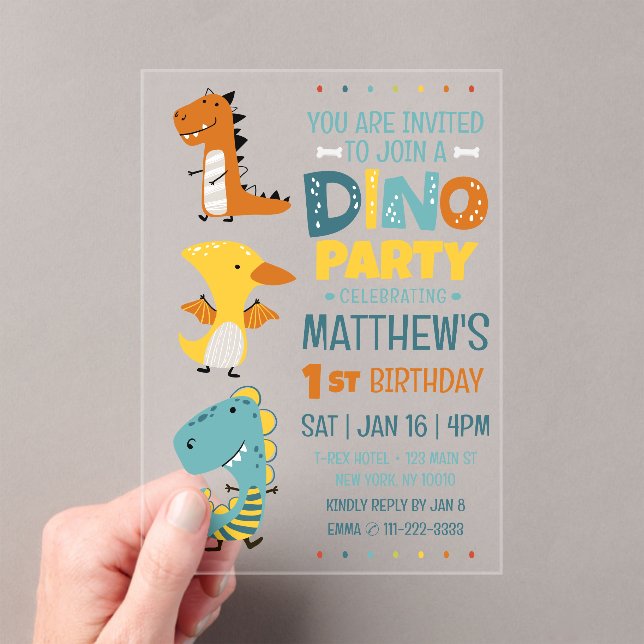 Invitations En Acrylique Cute Modern Dino Dinosaur fête d'anniversaire pour (In situ (ordinateur de poche))