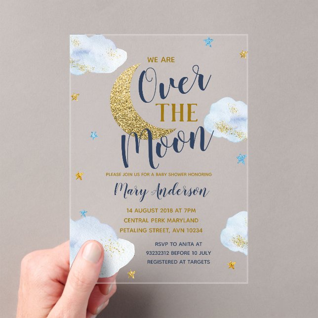 Invitations En Acrylique Cute Moon Marine Parties scintillant bleu et or Ba (In situ (ordinateur de poche))