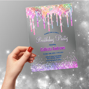Invitations En Acrylique Cute Rainbow licorn Parties scintillant Drithday