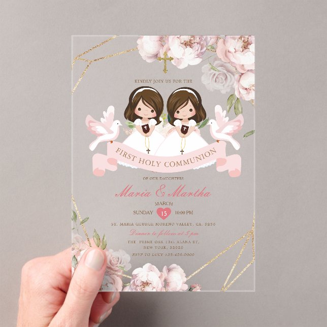 Invitations En Acrylique Cute TWIN Girl First Holy Communion Rose Floral (In situ (ordinateur de poche))