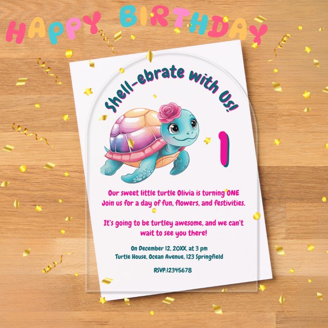 Invitations En Acrylique Cute Whimsical Floral Tortue Anniversaire de enfan (Créateur téléchargé)