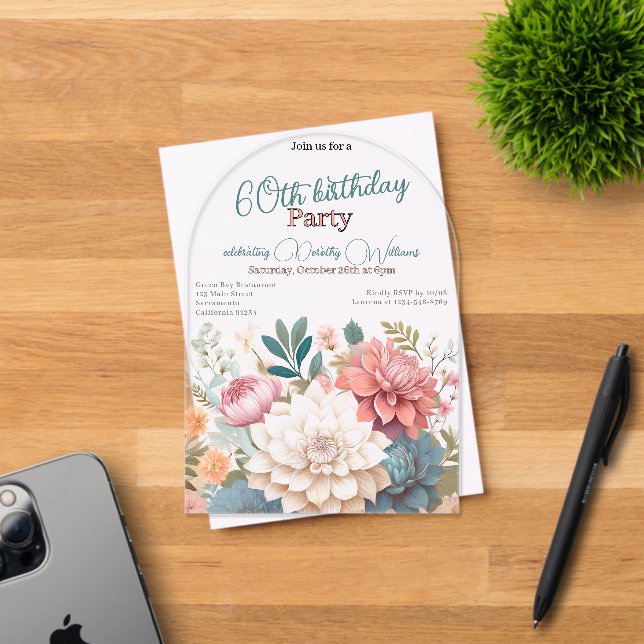 Invitations En Acrylique Dahlias florales du soixantième anniversaire trans (Insitu (Carte d'invitation))