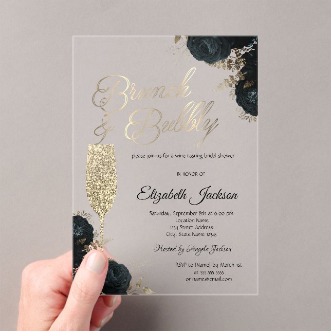 Invitations En Acrylique Dark Flowers Champagne Glass Green (In situ (ordinateur de poche))