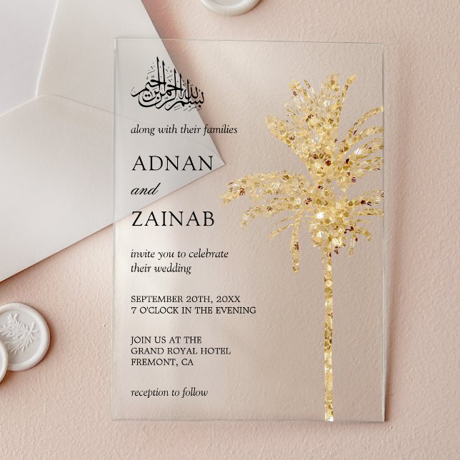 Invitations En Acrylique Date Palm Musulmane Mariage Paillettes Dorées (Créateur téléchargé)