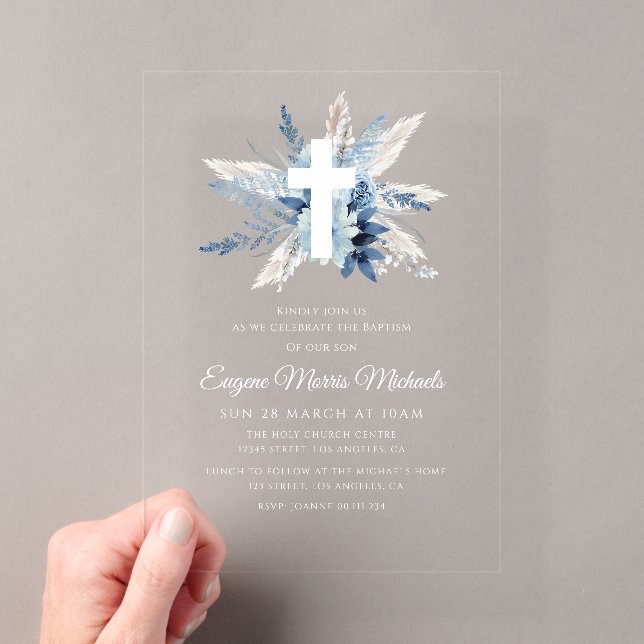 Invitations En Acrylique Dédicace florale bleu Croix blanche moderne (In situ (ordinateur de poche))