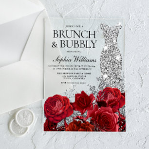 Invitations En Acrylique Déjeuner avec bulles Robe argentée Rose rouge Ente