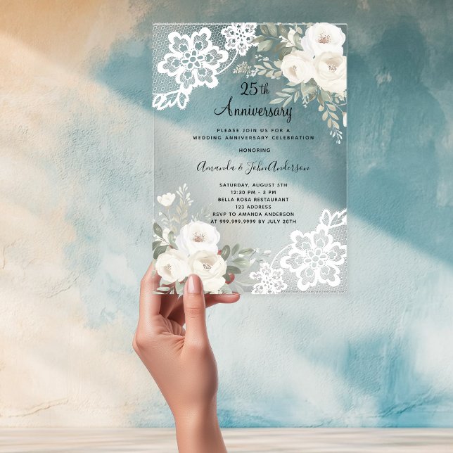 Invitations En Acrylique Dentelle blanche diamant 25e anniversaire mariage (Créateur téléchargé)