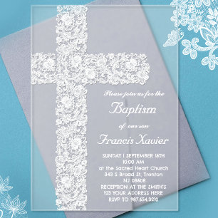 Invitations En Acrylique dentelle croix design Baptême