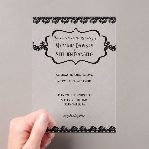 Invitations En Acrylique Dentelle noire sur un mariage personnalisé clair