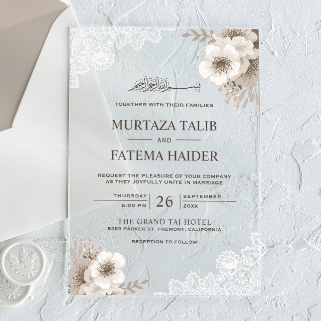 Invitations En Acrylique Dentelle Rustique Fleurs en Ivoire pour Mariage Is (Créateur téléchargé)
