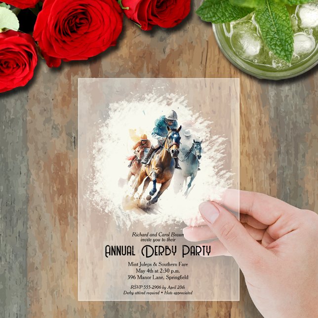 Invitations En Acrylique Derby Racehores et Jockeys Party (Derby racehorses and jockeys  frosted acrylic party invitations)