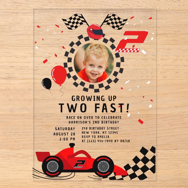 Invitations En Acrylique Deux Rapides 2e Anniversaire Enfants Cute Red Raci (Recto)