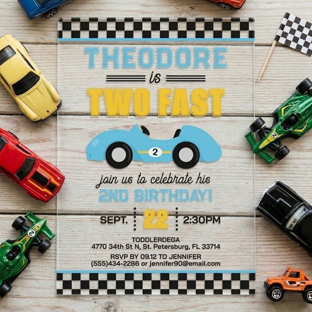 Invitations En Acrylique Deux Voiture de Course Rapide 2ème Anniversaire (Créateur téléchargé)