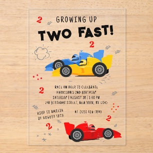 Invitations En Acrylique Deux voitures de course pour enfants de 2e anniver