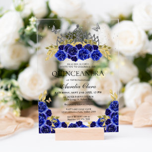 Invitations En Acrylique Diadème Argent Floral Bleu Élégant Glam Quinceaner