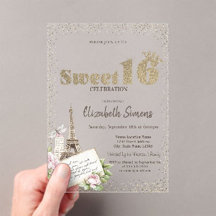 Invitations En Acrylique Diadème,Confettis,Tour Eiffel Roses Douze ans